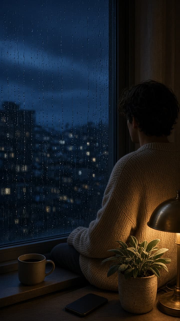 An adult in a knit sweater sits by a rain-streaked window at dusk