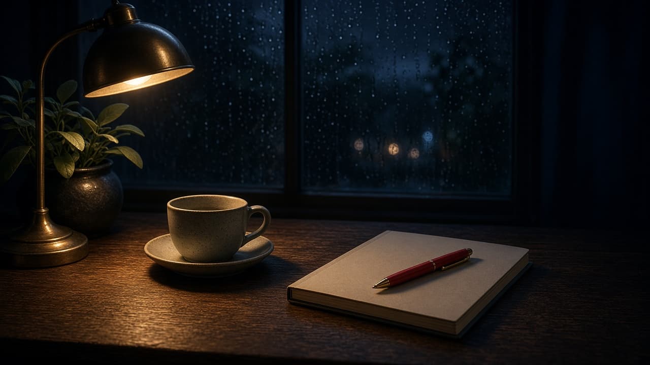 A late lamp, a closed notebook, and rain on the window